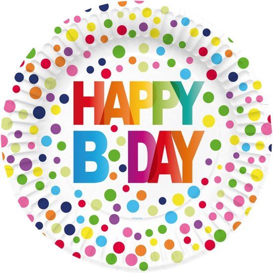 Folat Happy Bday Stippen Borden 23cm - 8 stuks
