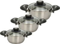 Excellent Houseware Set de casseroles - 3x - couvercle en verre - Inox - 1.4/1.8/2.7 litre
