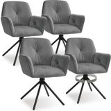 tectake® Draaifauteuil Lenia - Set van 4 Draaifauteuils met Armleuning - Draaibare Eetkamerstoel - Gestoffeerd - Fluweellook Antraciet/Zwart