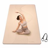 FunLife Yogamat Extra Breed 183 x 80 cm - 8 mm TPE Fitnessmat Antislip met Draagriem - Beige Lijndesign