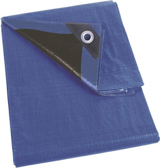 Perel Dekzeil, zeer sterk, 44 ringen, versterkte hoeken, rechthoekig, blauw/zwart, 140 g/m², 10 x 12 m