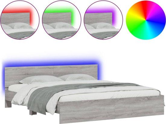 vidaXL Bedframe met hoofdeinde en LED grijs sonoma eiken 200x200 cm