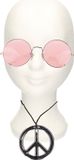 Smiffys Hippie Flower Power verkleed set - peace ketting - en ronde glazen party bril - roze - volwassenen