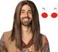 Boland Hippie Sixties verkleedset - Pruik lang haar bruin - bril rood ronde glazen - heren - Flower Power look