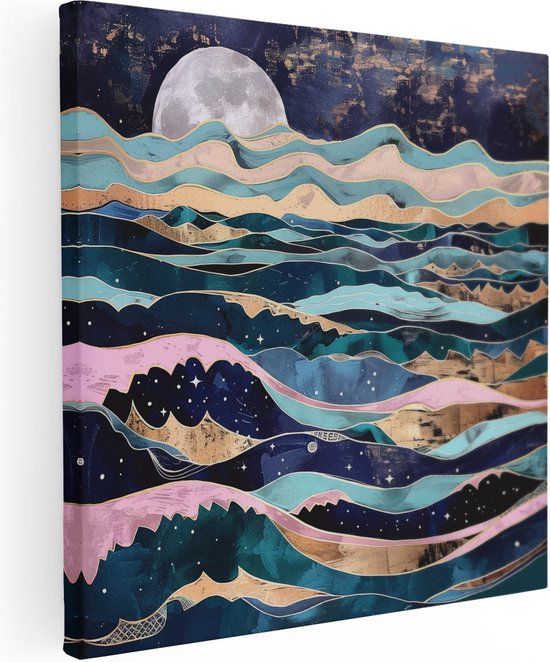 Artaza Canvas Schilderij Oceaan met Golven en Maan - 80x80 cm - Canvas Print
