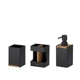 kela 390241 Badkamerset, 3-delig, 1 zeepdispenser, 1 beker, 1 tandenborstelhouder, polyresin/eikenlook, zwart, mat, kubus