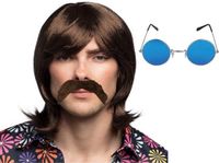 Boland Hippie Sixties verkleedset - Pruik lang haar en plaksnor bruin - bril blauw met ronde glazen - heren - Flower Power look