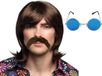 Boland Hippie Sixties set de déguisement - Perruque cheveux longs et moustache à coller marron - lunettes bleues à verres ronds - Homme - look Flower Power