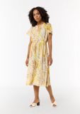 Comma - Dames - Gele Chiffon Jurk met Lange Mouwen en Gebloemd Patroon