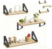 Merkloos Relaxdays Wandplank Set van 6 Stuks - Houtlook & Metaal - 30, 35, 40 cm Breed - Lichtbruin/Zwart