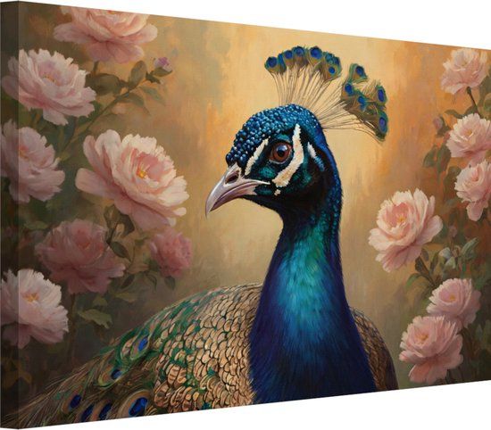 Merkloos / Sans marque Pauw met bloemen portret - Canvas schilderij - 60x40 cm