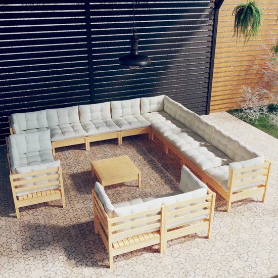 The Living Store Loungeset Grenenhout - Corner Sofa + Middle Sofa + Footstool/Table - Cream Cushion - 63.5x63.5x62.5cm