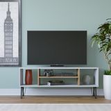 Hanah Home Stijlvolle tv-standaard met wandmontage-optie, wit & oak, 120 x 25 x 46,6 cm, 100% melamine gecoat deeltjesbord, 18 mm dik, meerdere planken voor moderne woonruimtes