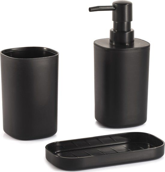 MSV Lona Badkamer Accessoires Set 3-Delig - Zwart - Kunststof