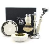 Haryali London Zuiver zilver kant das haarborstel in ivoorwit kleur set bevat bijpassende 3 scheermesjes, zwarte borstel & scheermeshouder, levensredder kom & gratis zeep. Speciale editie