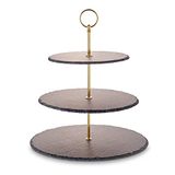 Echtwerk etagère/serveerplank voor gebak, fruit, kaas en dessert van natuurlijke leisteen, met 3 niveaus en metalen handvat, Gold-Edition, Ø leisteenplaten ca. 20/25/30 cm, aardewerk