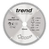 Trend Wood cirkelzaagblad, 300 mm diameter, 30 mm boring, 100 tanden, 2,8 mm snijvoeg, +5° haak, TCT, extra fijn oppervlak, CSB/300100