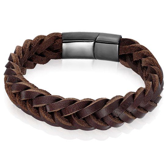 LGT JWLS LGT Jewels Heren armband Gevlochten Leer Edelstaal Bruin Zwart-19cm