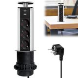 Intrekbare tafelstekkerdoos met 2 USB-poorten, 3 uitschuifbare stopcontacten, 60 mm, met 2 m kabel, inbouwstekkerdoos voor werkblad, kantoor, keuken