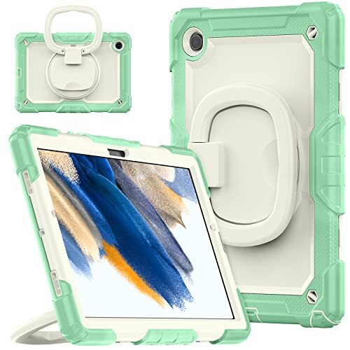 Q-HL Hoes voor de Samsung Galaxy Tab A8 10.5 2021, hoes (SM-X200/X205), 360° beschermhoes, antislip en stootvaste siliconen achterkant, 360 graden draaibaar, geïntegreerde standaard met schouderriem, paars