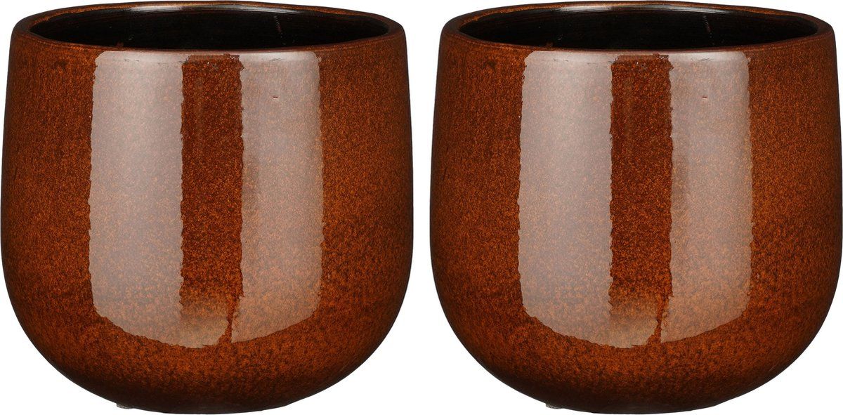 Mica Decorations - Plantenpot/bloempot - 2x stuks - keramiek - terra bruin glans/spotted - D18/H16 cm