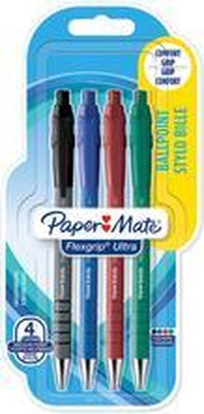 Paper Mate FlexGrip Ultra Intrekbare balpen met klembevestiging, Meerkleurig, 4 stuk(s)
