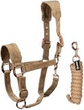 HORKA Zacht fluwelen hoofdstel en longe voor paarden, Maat: Shetlander, Kleur: mokka, Beige
