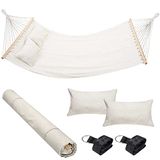 Bakaji Dubbele hangmat voor de tuin, 2 zitplaatsen, 232 x 148 cm, dwarsstangen van hout, overtrek van polykatoen, met 2 kussens en riemen, modern design, voor tuin, terras, camping (beige)