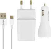 Avizar Chargeur secteur 2.1A + Chargeur voiture 2.1A + Câble USB Type C 1m - Blanc