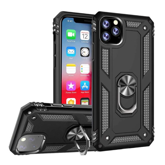 R-JUST iPhone 11 Pro Max Hoesje - Shockproof Case Cover Cas TPU Zwart + Kickstand
