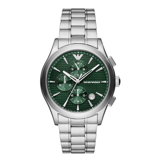 Emporio Armani AR11529 Herenhorloge 42 mm - Zilverkleurig - Groene Wijzerplaat - Stalen Band