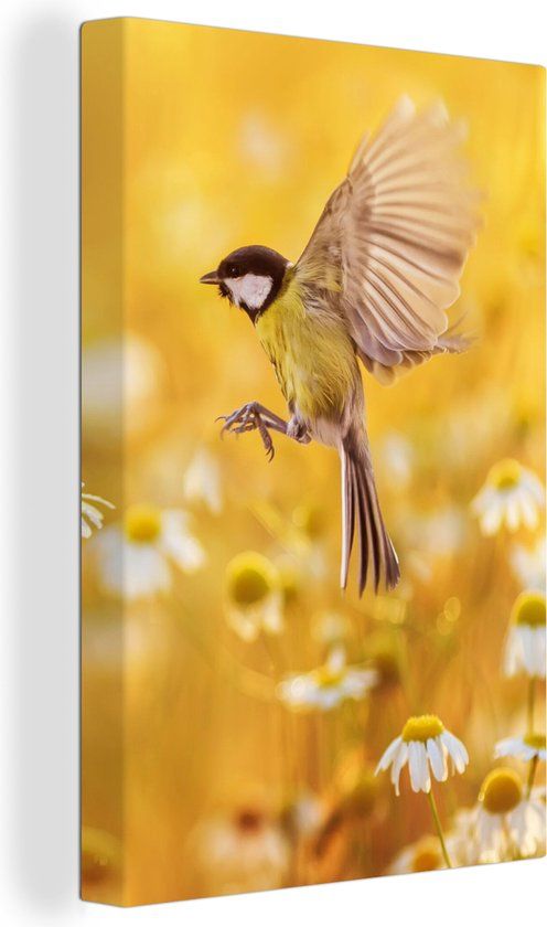 OneMillionCanvasses Canvas schilderij 120x180 cm - Vogel Koolmees Bloemen - Wanddecoratie