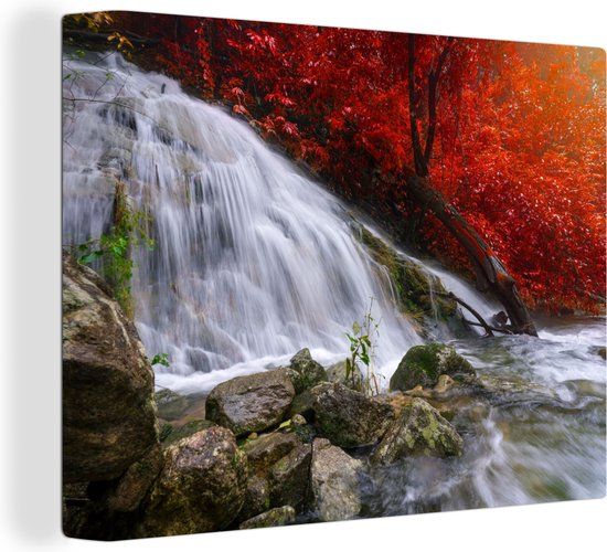 OneMillionCanvasses Canvas schilderij 160x120 cm - Waterval - Herfst - Muurdecoratie
