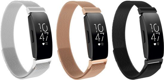 KELERINO. Milanees bandje voor Fitbit Inspire (HR) - 3 pack - Zilver / Rose Goud / Zwart - Large