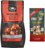fire up BBQ starterspakket - houtskool briketten 3 kilo - barbecue aanmaak houtwolkrullen 25x