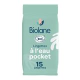 Biolane Biologische waterdoekjes, zakformaat, 15 natuurlijke doekjes van 99% water voor het hele lichaam van de baby, bruikbaar vanaf de geboorte, gevoelige huid, praktisch formaat