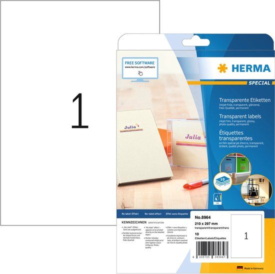 HERMA 8964 - Etiketten - 210x297mm - Transparant glanzend - 32 stuks