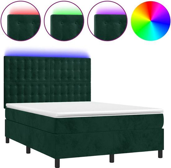 vidaXL Boxspring met matras en LED fluweel donkergroen 140x200 cm