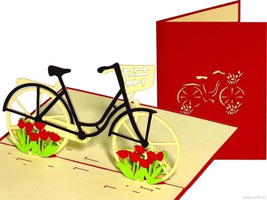 Popcards.nl Pop-up kaart - Fiets Tulpen Holland - 3D Wenskaart - Verjaardag - Zwart/Rood