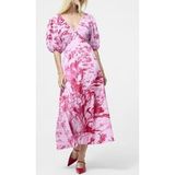 French Connection Isla Odette Twist Neck Tea Dress Violet Pink Multi Size: 16