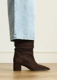 Manfield Dames Enkellaarsjes Bruin Suède Hak 5-7cm Puntige neus Blokhak