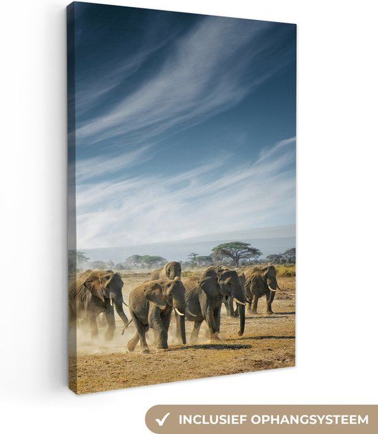 OneMillionCanvasses Canvas Schilderij - Kudde Olifanten - 40x60cm - Multicolor