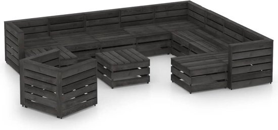 The Living Store Pallet Loungeset - Grenenhout - Grijs ge&#239;mpregneerd - Hoekbank 69x70x66 cm - Middenbank 60x70x66 cm - Tafel/Voetenbank 60x62x37 cm - Eenzitsbank 77x70x66 cm