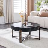 OKWISH Salontafel - Rond 68 x 36 cm - Zwarte Houtlook MDF Tafelblad - Met Metalen Kruispoot in Antiekbrons - Industrieel