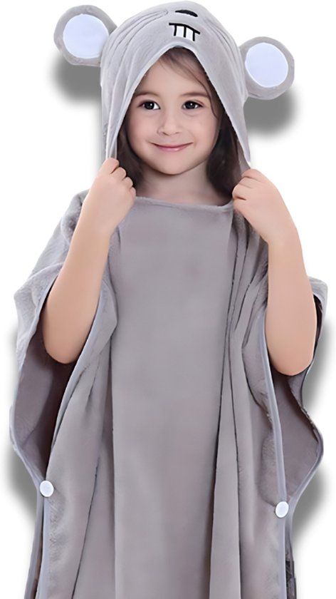 BoefieBoef 2-in-1 Muis Dieren Badponcho & Badlaken voor Baby's, Peuters en Kinderen - Eco Bio Katoen - Grijs
