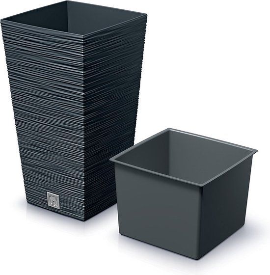 Prosperplast Plantenpot Furu Stripes - Antraciet - Vierkant - Kunststof - Buiten - D24xH45 cm