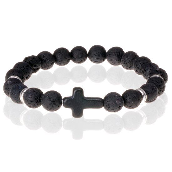 Memphis Accessories Zwarte kralen armband Lavasteen met Kruis