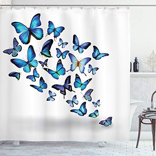 ABAKUHAUS Butterflies Douchegordijn - 175 x 200 cm - Blue Sky Blauw Zwart