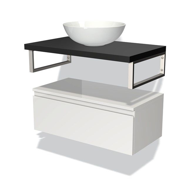 Maxaro Badkamermeubel Modulo Plato 80 cm Hoogglans Wit 1 Lade Greeploos Mat Zwart Blad