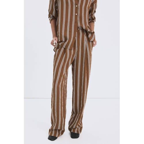 Mango Straight Regular Waist Striped Trousers Brown
